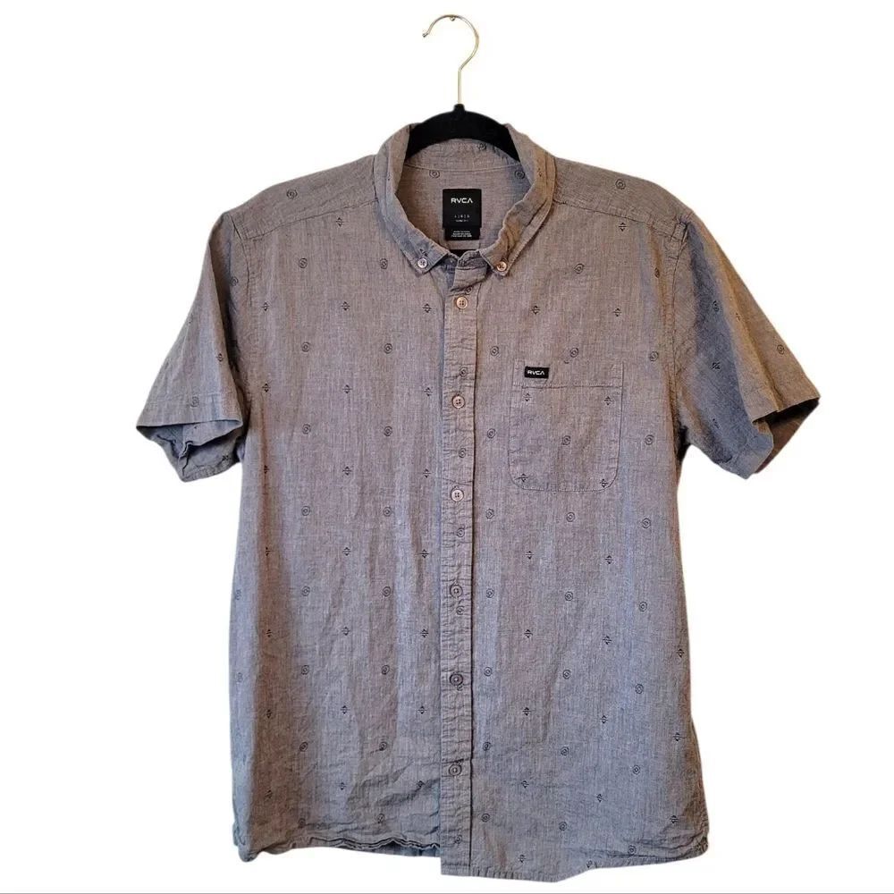 RVCA Men's Grey Embroidered Slim Fit Button Down Shirt Size L
